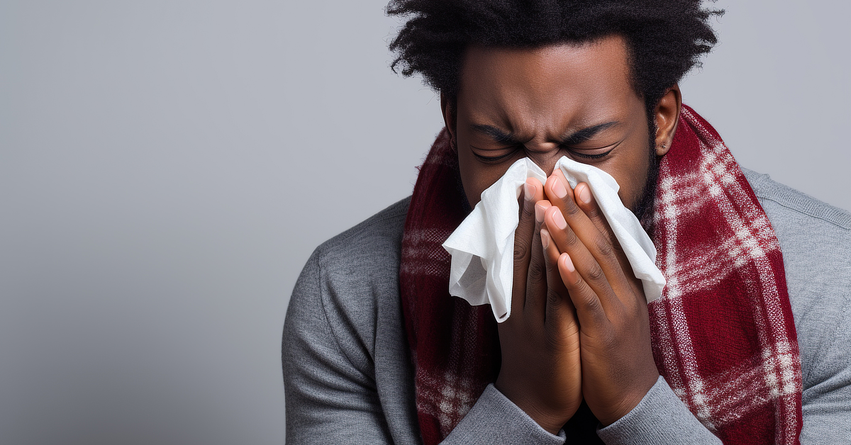 Black man blowing his nose.